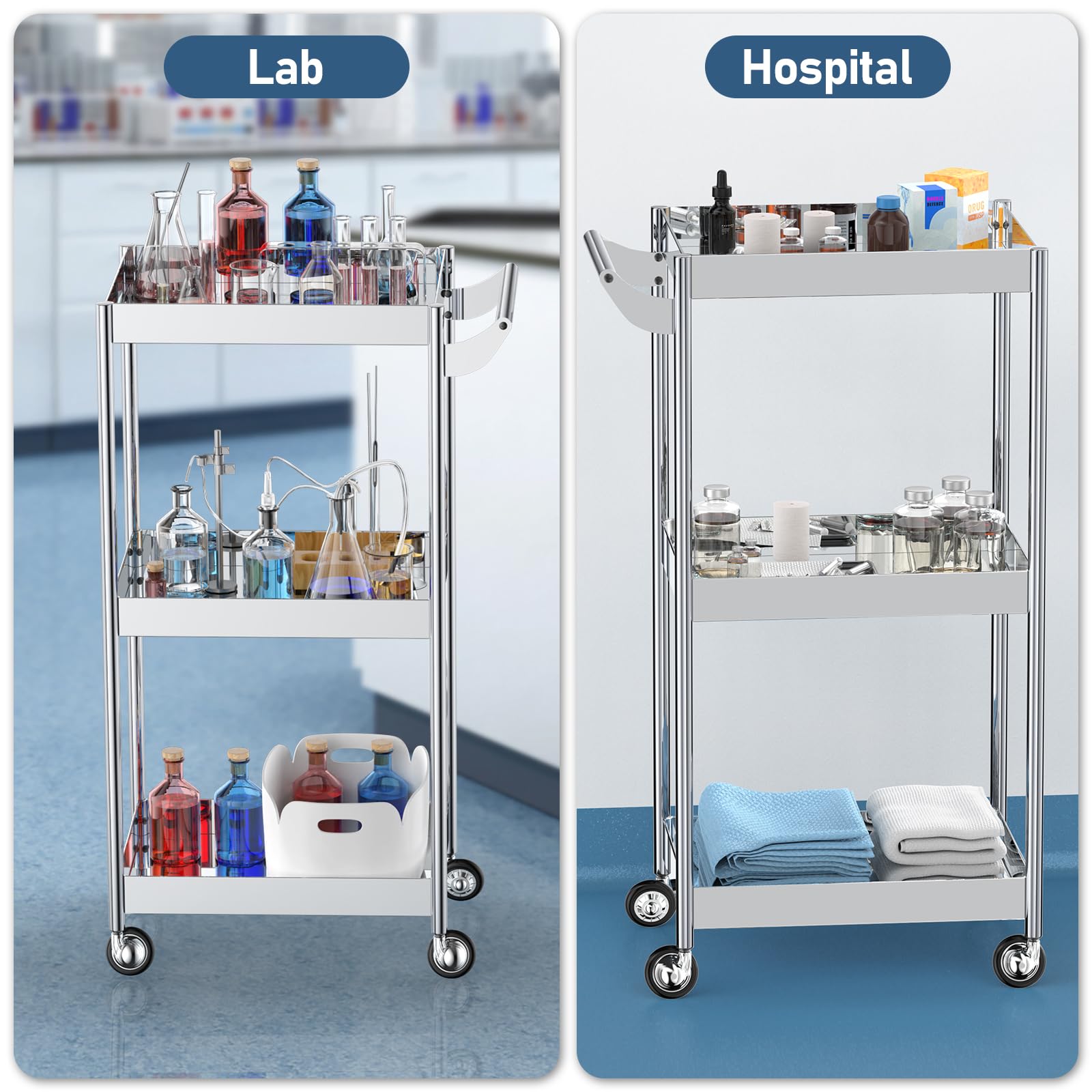 johgee 3 Shelf Mirror Stainless Steel Utility Cart, 3 Tier Stainless Steel Cart with Wheels with Handle, Serving Car, Rolling Medical Cart for Salon, Spa, Lab, Dental Clinic, Lab, Hospital