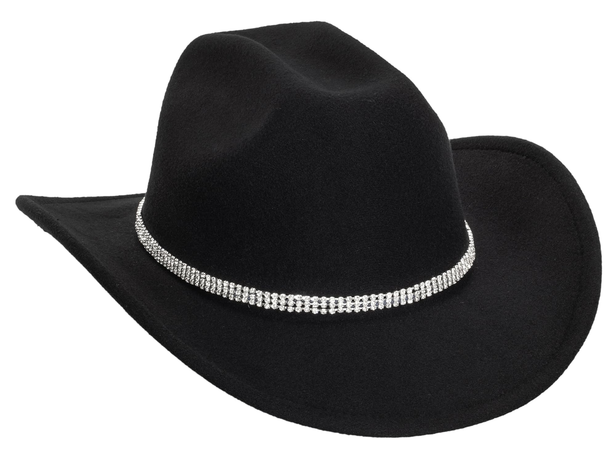 INOGIH Classic Black Western Felt Roll-Up-Brim Cowboy-Hat for Women Men - Bling Cowgirl-Hat Felt Fedora for Disco Parties