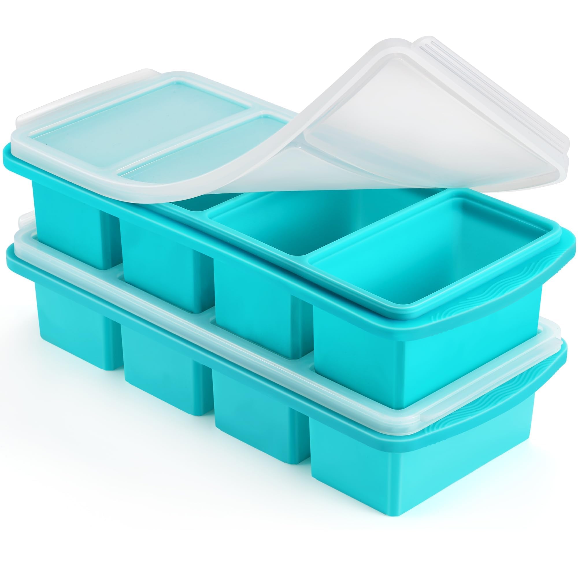 Silicone Freezer Tray with Lid - 1 Cup Silicone Food Freezer Tray - Large Ice Cube Freezer Molds - Soup, Sauce, leftovers, Homemade Meal Prep Freezing Kitchen Storage Containers - Aqua - 2-Pack