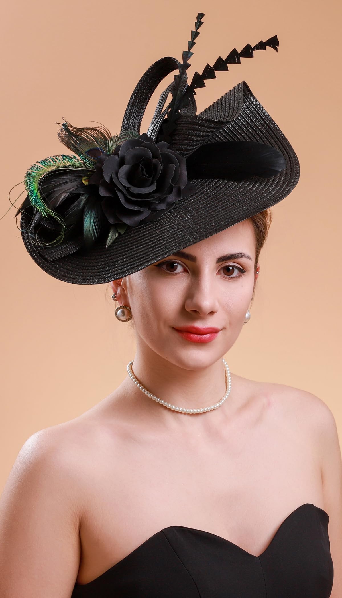 Cizoe Tea Party Hats Fascinators for Women Kentucky Derby Headpiece Peacock Feather Wedding Headware Bridal Headpiece(Black)