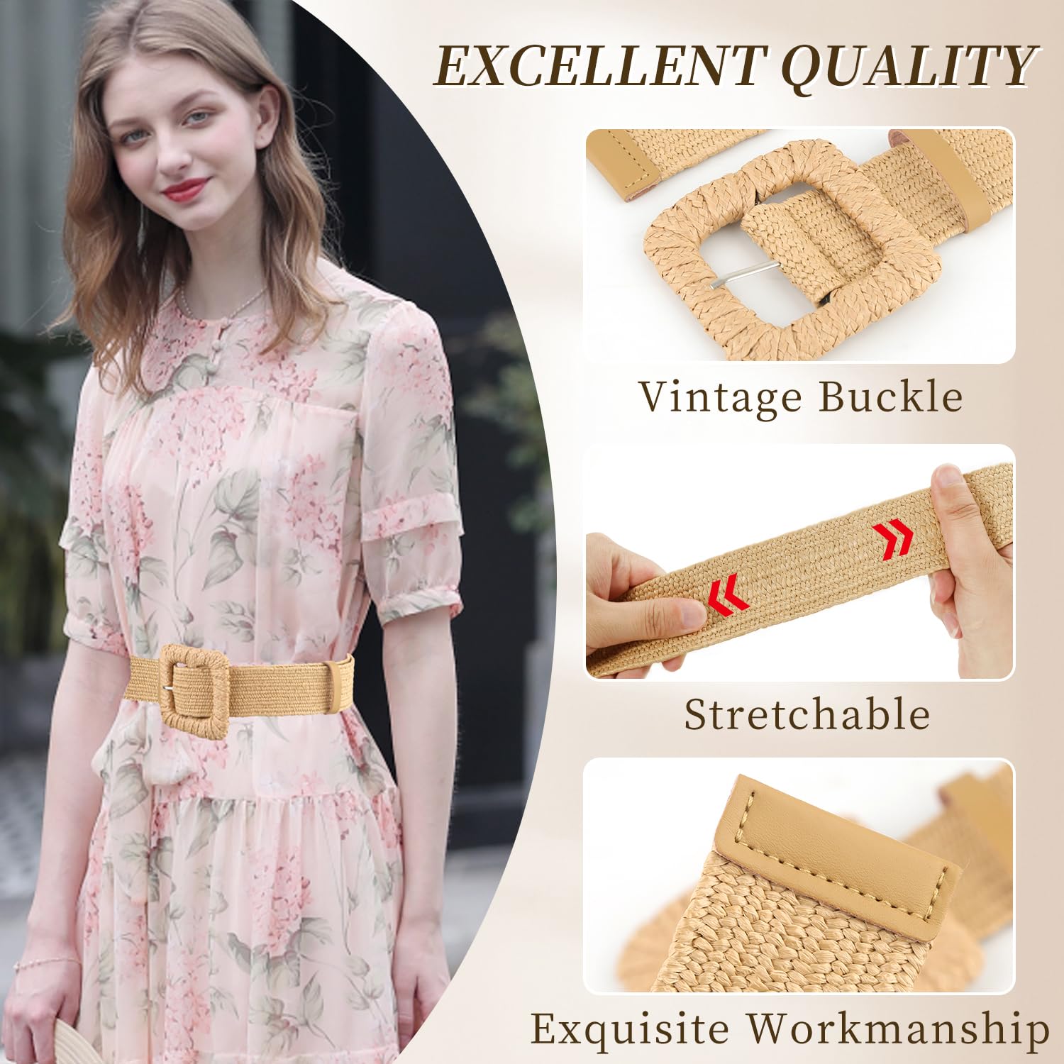 SeptCity Woven Belts for Women, Wide Women Belts for Dresses and Jeans, Boho Stretchy Ladies Belts Gift for Christmas (Khaki with Square Ring)