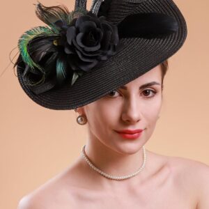 Cizoe Tea Party Hats Fascinators for Women Kentucky Derby Headpiece Peacock Feather Wedding Headware Bridal Headpiece(Black)