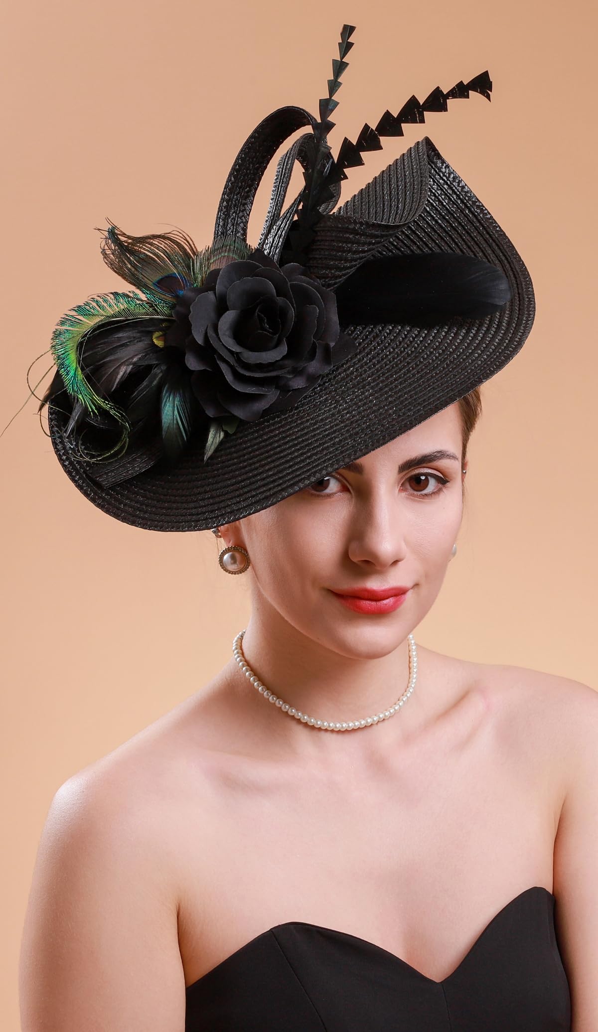 Cizoe Tea Party Hats Fascinators for Women Kentucky Derby Headpiece Peacock Feather Wedding Headware Bridal Headpiece(Black)