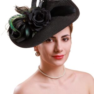 Cizoe Tea Party Hats Fascinators for Women Kentucky Derby Headpiece Peacock Feather Wedding Headware Bridal Headpiece(Black)