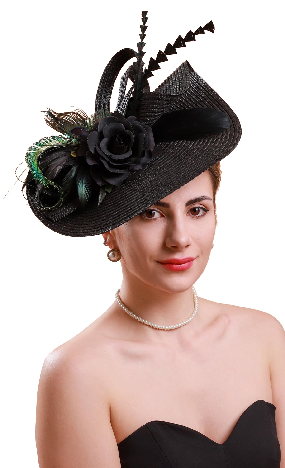 Cizoe Tea Party Hats Fascinators for Women Kentucky Derby Headpiece Peacock Feather Wedding Headware Bridal Headpiece(Black)