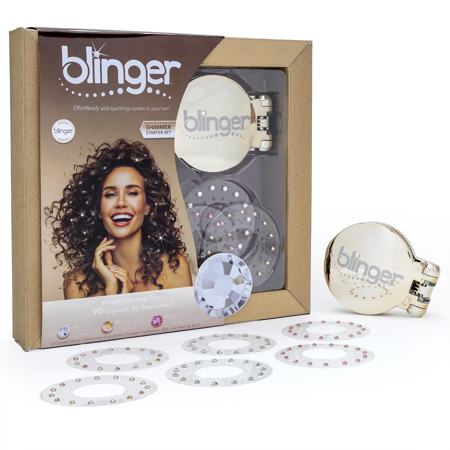 blinger Shimmer Starter Kit with Gold-Plated blinger® Styling Tool + 90 Precision-Cut Glass Crystals