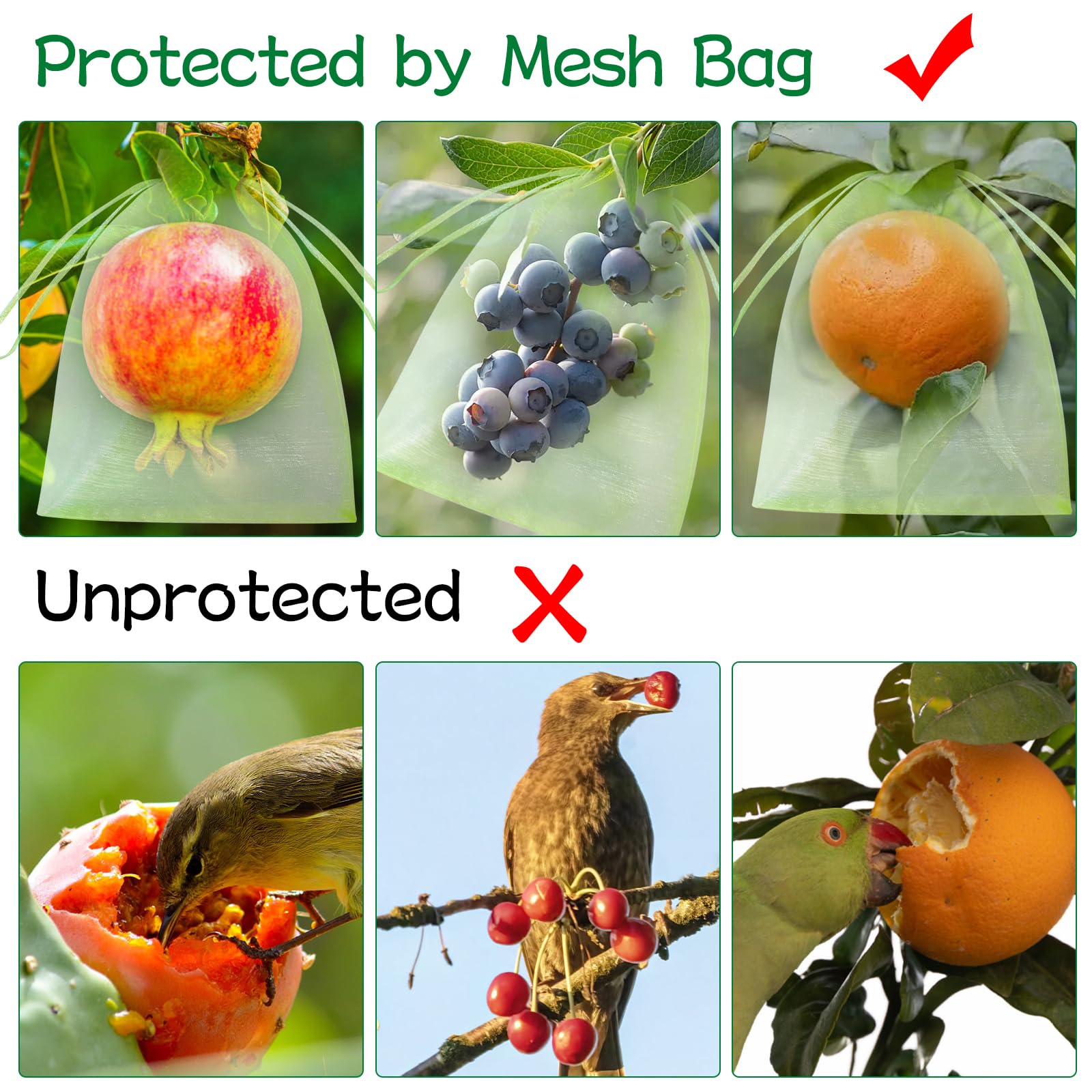 Gushu 100pcs Fruit Protection Bags, 6 x 8 Inch Green Fruit Netting Cover Bags with 100pcs Plant Label Drawstring Mesh Fruit Protectors Pest Barrier for Plant Fruit Vegetable Veggies Garden