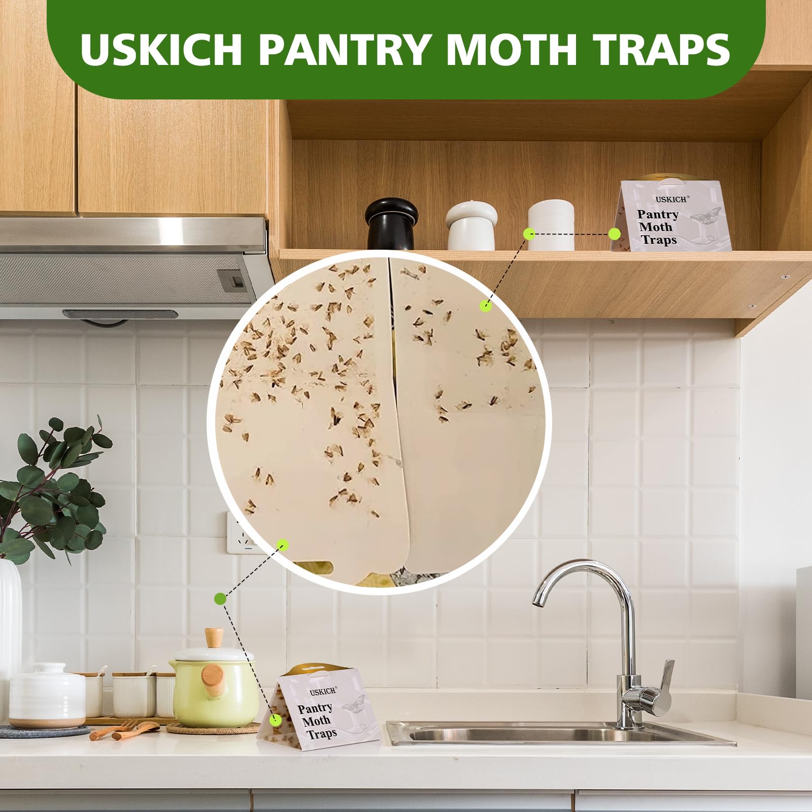 USKICH Pantry Moth Traps with Strength Pheromones Moths Killer Safe and Effective for Food and Cupboard Non-Toxic Sticky Glue Trap for Pantry Pests-10Pack