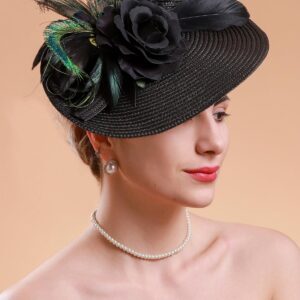 Cizoe Tea Party Hats Fascinators for Women Kentucky Derby Headpiece Peacock Feather Wedding Headware Bridal Headpiece(Black)