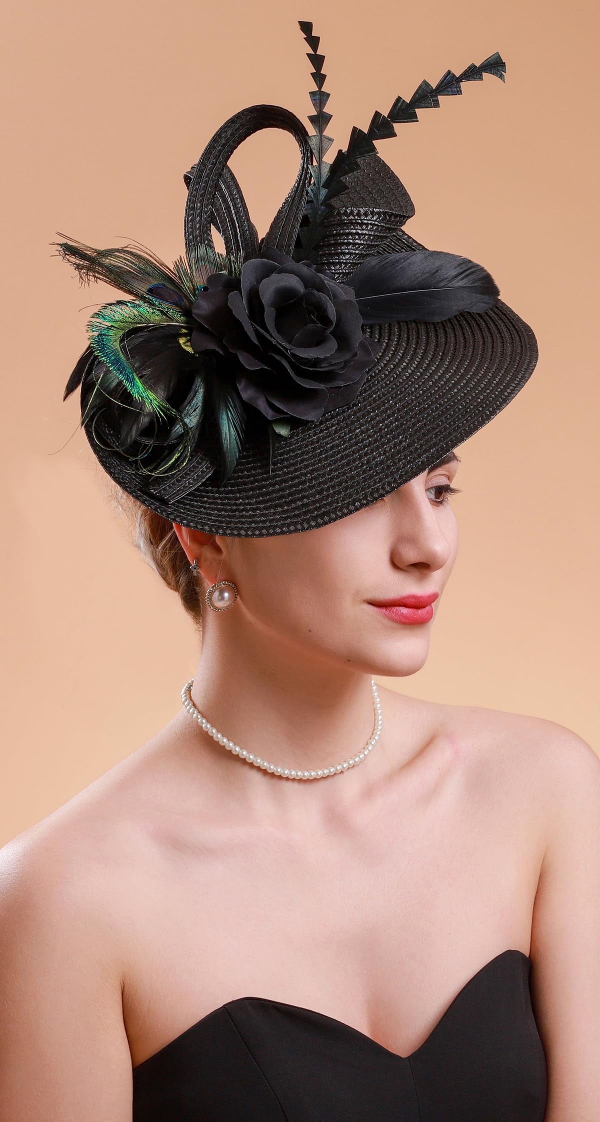 Cizoe Tea Party Hats Fascinators for Women Kentucky Derby Headpiece Peacock Feather Wedding Headware Bridal Headpiece(Black)