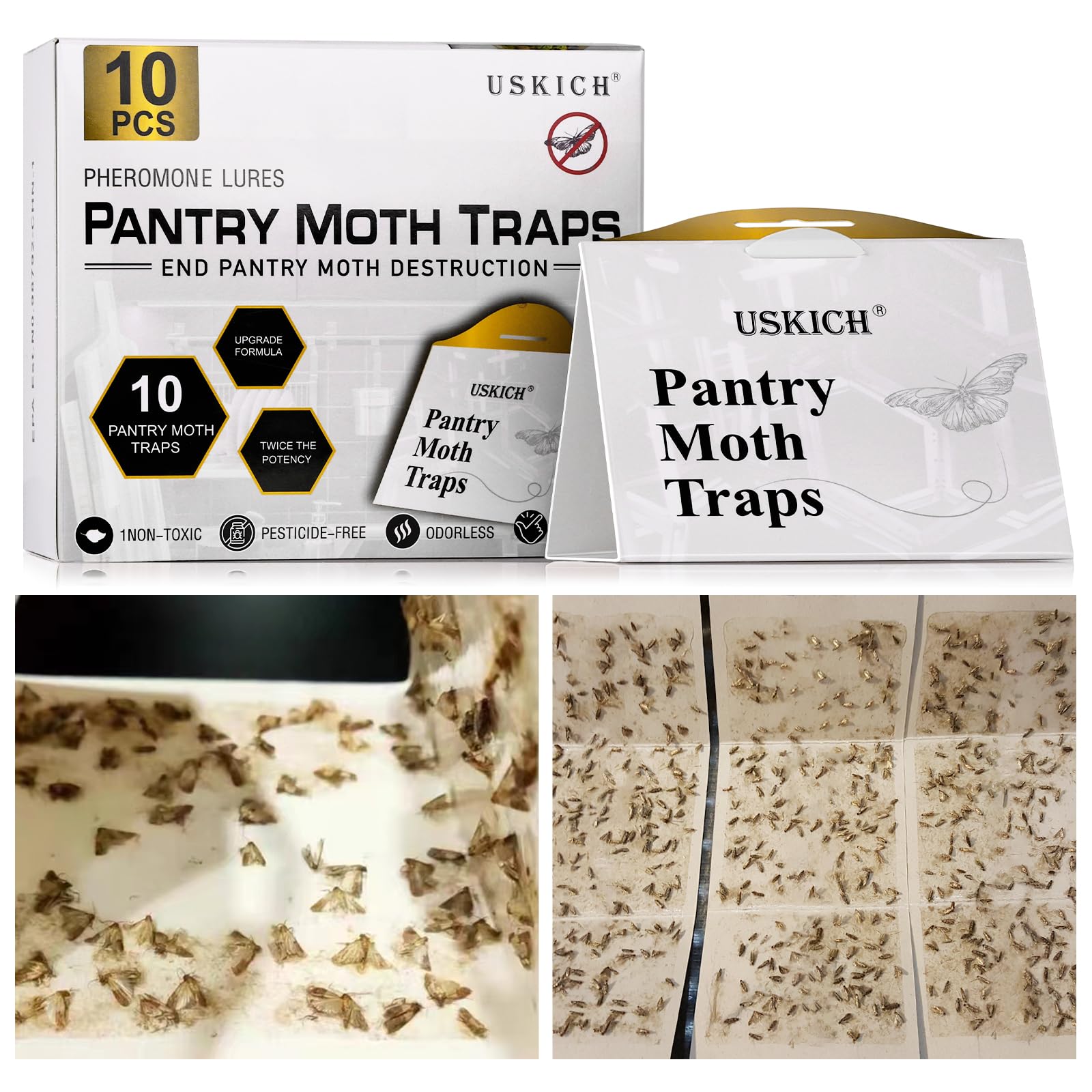 USKICH Pantry Moth Traps with Strength Pheromones Moths Killer Safe and Effective for Food and Cupboard Non-Toxic Sticky Glue Trap for Pantry Pests-10Pack