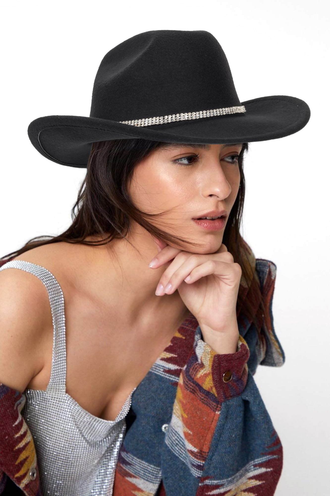 INOGIH Classic Black Western Felt Roll-Up-Brim Cowboy-Hat for Women Men - Bling Cowgirl-Hat Felt Fedora for Disco Parties