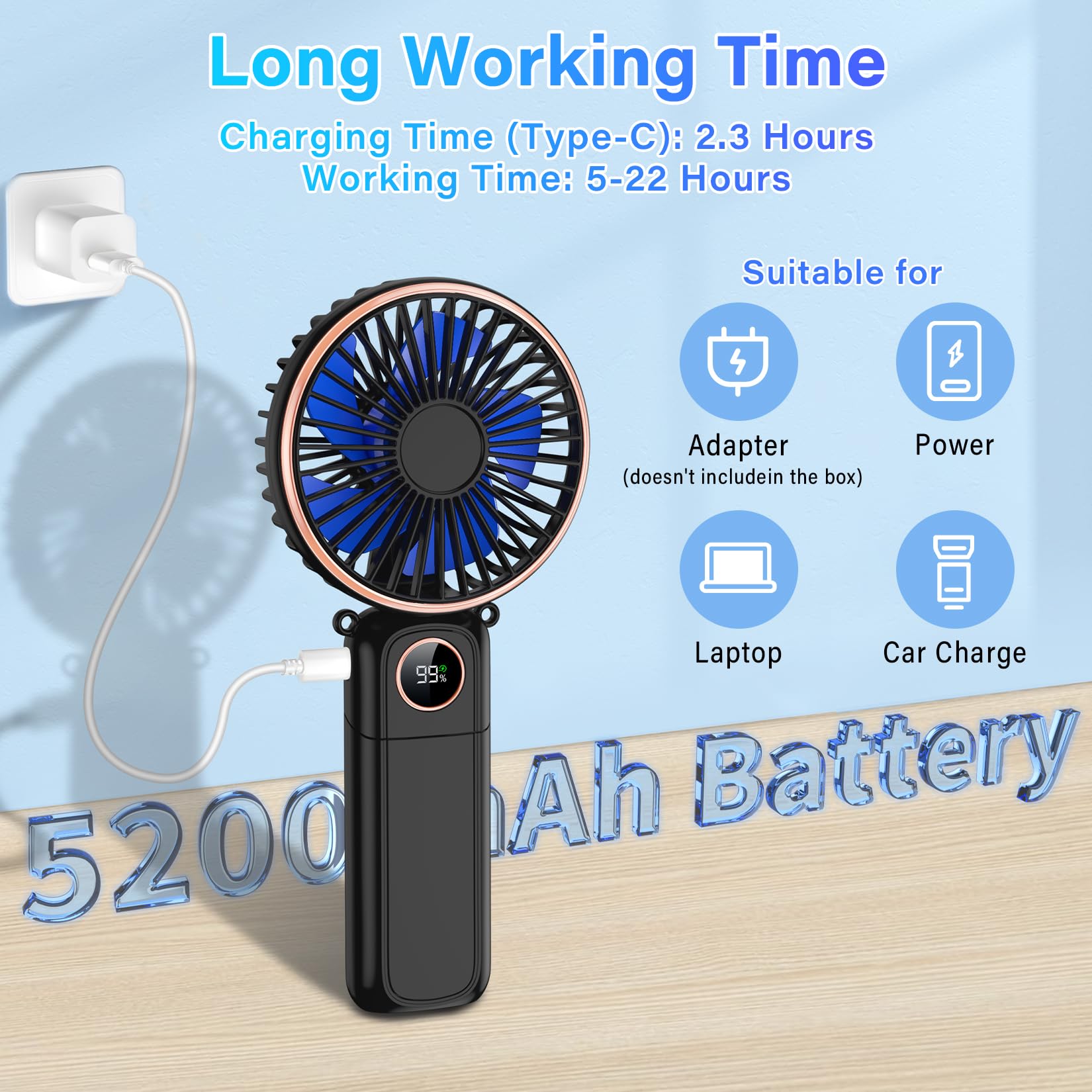 Portable Handheld Fan, 5200mAh Portable Fan Rechargeable, 180° Foldable Small Mini Hand Held Fan, Max 22 HRS Working, 6 Speeds, LED Display, Quiet Personal Battery Powered Hand Fan for Travel/Outdoor