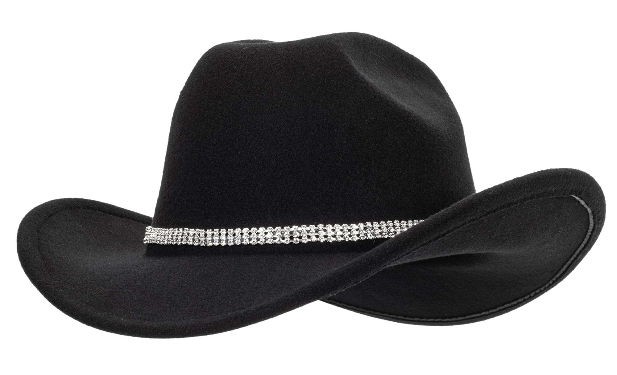 INOGIH Classic Black Western Felt Roll-Up-Brim Cowboy-Hat for Women Men - Bling Cowgirl-Hat Felt Fedora for Disco Parties