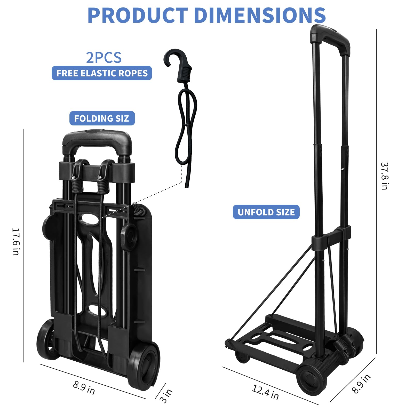 Folding Hand Truck Lightweight Portable Cart,VDHU 2 Wheels Fold Up Hand Cart with Elastic Ropes,Compact Utility Cart with 40kg/90lbs Heavy Duty 2 Wheels for Moving Travel Shopping Office Luggage Use