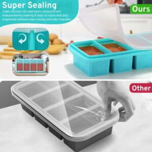 Silicone Freezer Tray with Lid - 1 Cup Silicone Food Freezer Tray - Large Ice Cube Freezer Molds - Soup, Sauce, leftovers, Homemade Meal Prep Freezing Kitchen Storage Containers - Aqua - 2-Pack