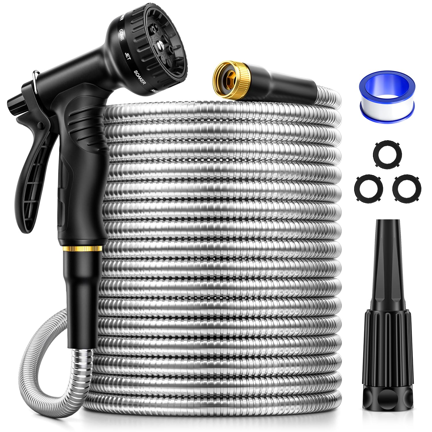 Garden Hose JTTHKK Water Hose 75 ft - 304 Stainless Steel Metal Hose with 10 Function Nozzles, No-Kink, Rust Proof, Easy to Store, Heavy Duty Garden Hose for Yard, Lightweight Outdoor Hose