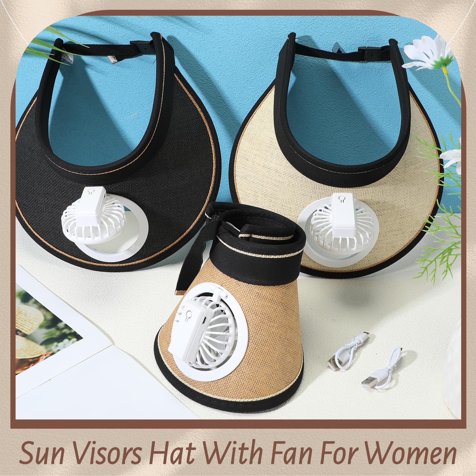 Maiteenly 3 Pcs Sun Visor Hat with Fan, Three Temp Settings, Large Area Sun Protection, Adjustable Visor with Fan for Women (Black, Khaki, White)