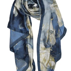 YOUR SMILE Large Mulberry Silk Feeling Long Stain Scarf Lightweight Sunscreen Shawls Wraps for Women (03 Blue/Oil Paingting Flower)