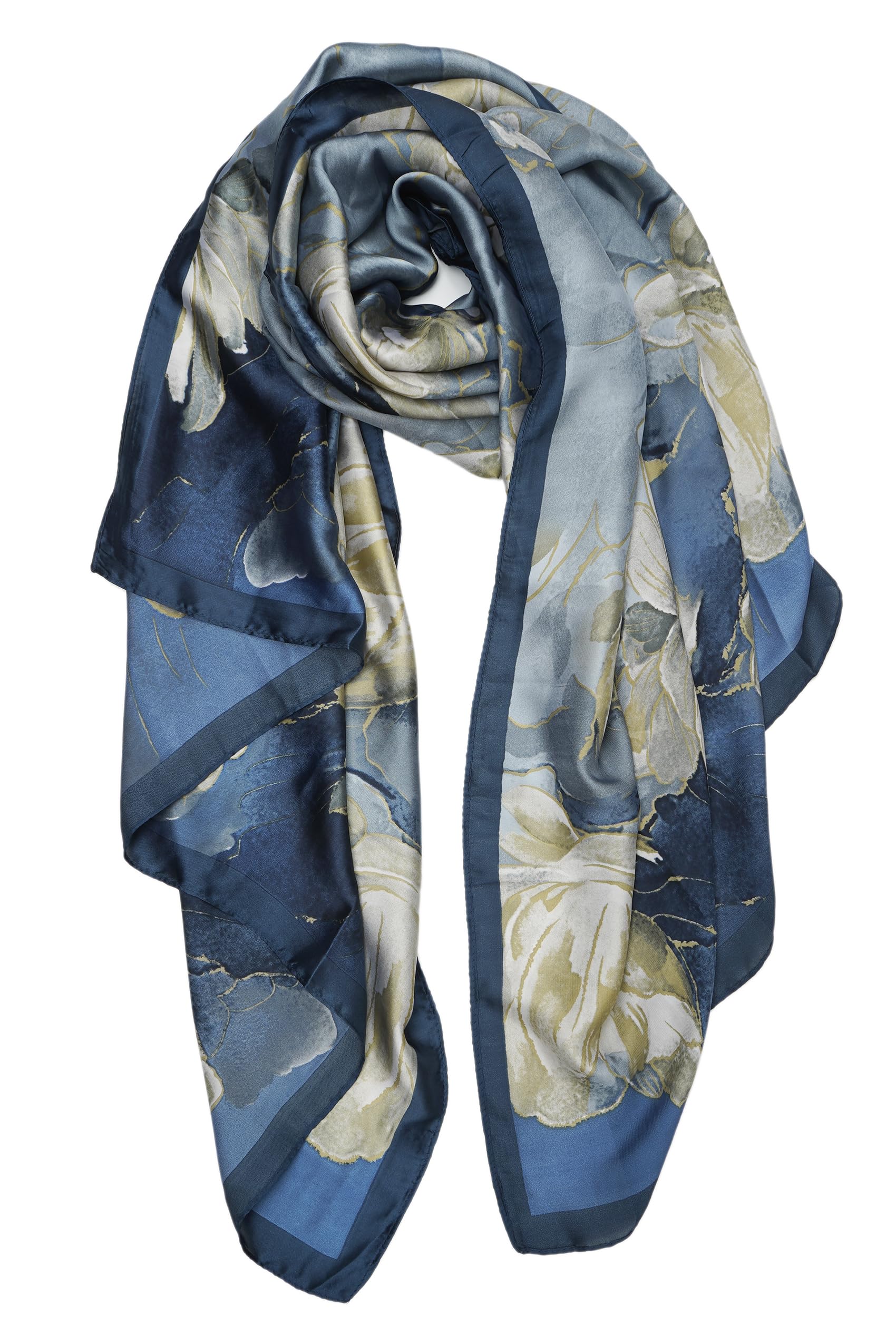 YOUR SMILE Large Mulberry Silk Feeling Long Stain Scarf Lightweight Sunscreen Shawls Wraps for Women (03 Blue/Oil Paingting Flower)