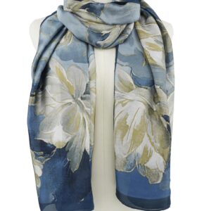 YOUR SMILE Large Mulberry Silk Feeling Long Stain Scarf Lightweight Sunscreen Shawls Wraps for Women (03 Blue/Oil Paingting Flower)