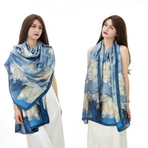 YOUR SMILE Large Mulberry Silk Feeling Long Stain Scarf Lightweight Sunscreen Shawls Wraps for Women (03 Blue/Oil Paingting Flower)