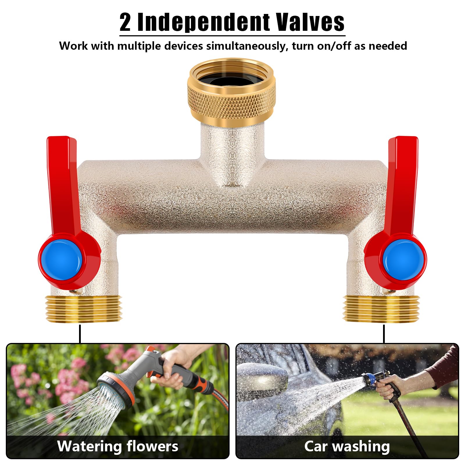 Brass Garden Hose Splitter, 3/4" Hose Splitter 2 Way Heavy Duty with Extension Handles, Outdoor Faucet Splitter Water Spigot Splitter with Individual On/Off Valve (2 Way Hose Splitter)