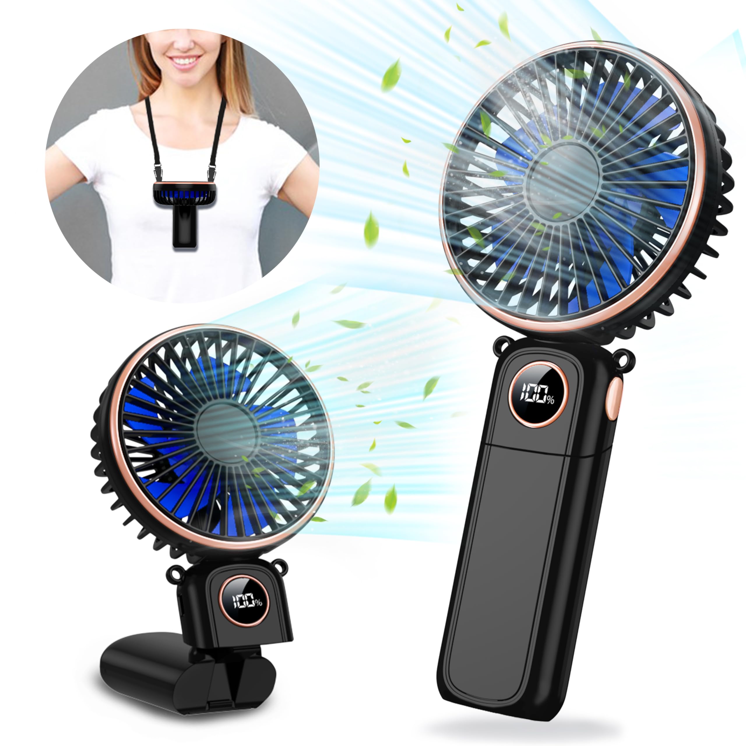 Portable Handheld Fan, 5200mAh Portable Fan Rechargeable, 180° Foldable Small Mini Hand Held Fan, Max 22 HRS Working, 6 Speeds, LED Display, Quiet Personal Battery Powered Hand Fan for Travel/Outdoor