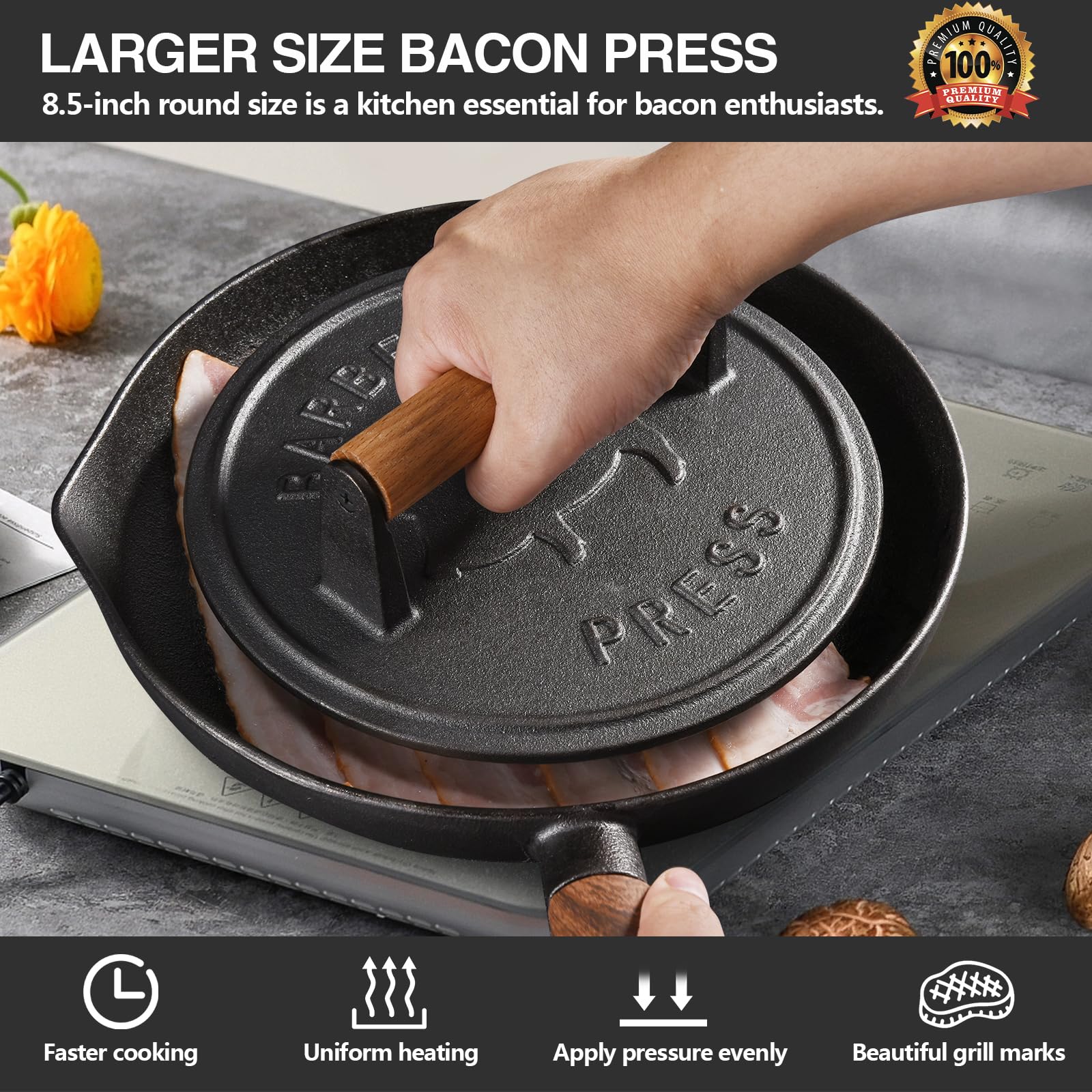 Burger Press,8.5 Inch Smash Bacon Press Heavy-Duty Cast Iron Burger Smasher 3lbs & 8.2 Inch Rectangle Grill Press 2lbs for Hambergur,Panini,Steak & Sandwiches,Food-Grade Press with Wood Handle