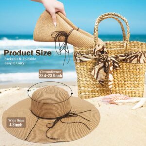 Beach Hats for Women, Straw Hats for Women Sun Hat Floppy, Wide Brim Hats for Women Foldable UPF 50+ UV Protection Summer Hat Khaki