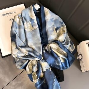 YOUR SMILE Large Mulberry Silk Feeling Long Stain Scarf Lightweight Sunscreen Shawls Wraps for Women (03 Blue/Oil Paingting Flower)