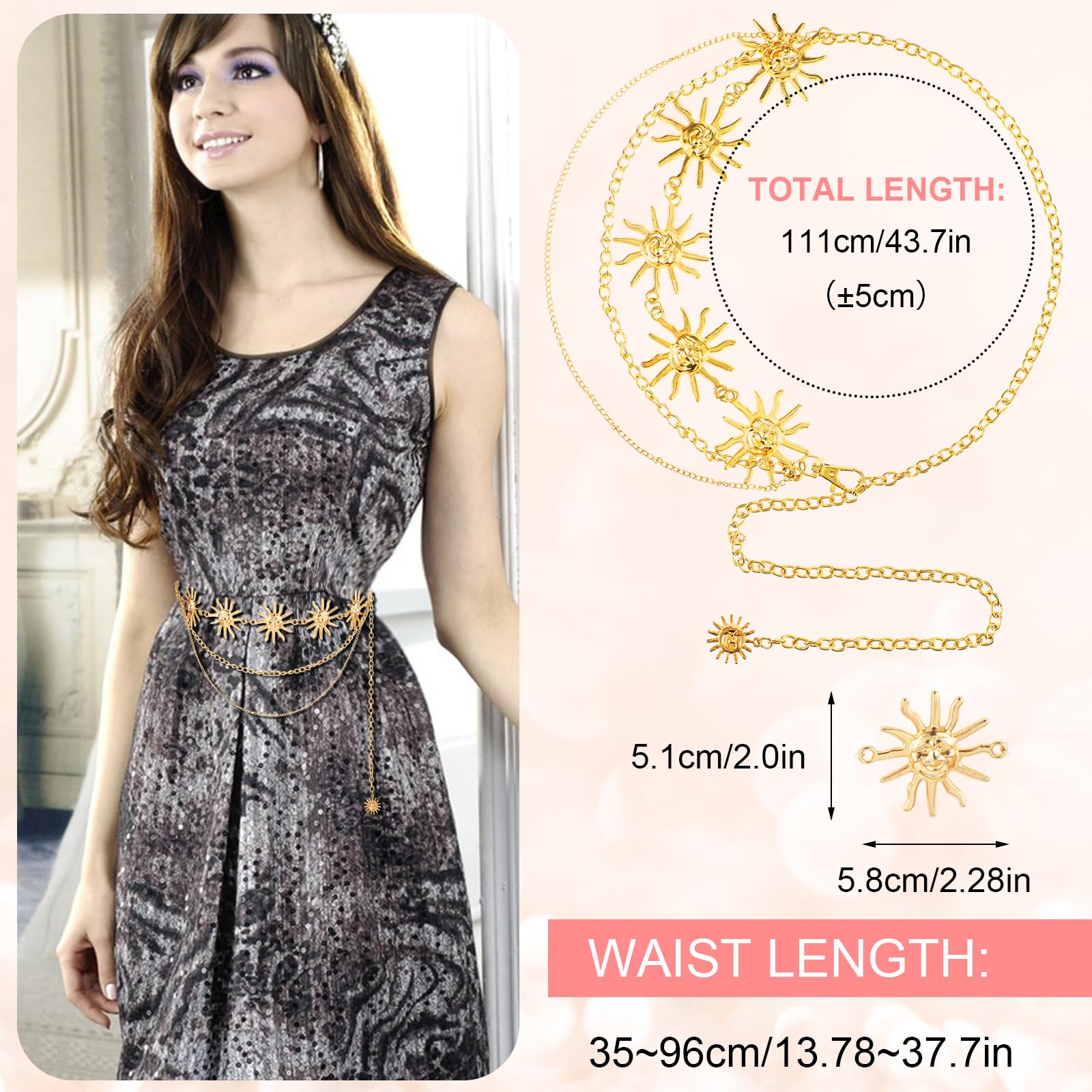 Andibro Cool Sun Multilayer Waist Chain Belt, Metal Sun Pendant Waist Belt Skinny Belts for Jean Pants Dress(gold sun)