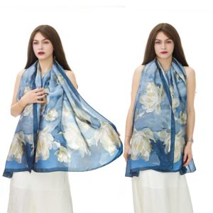 YOUR SMILE Large Mulberry Silk Feeling Long Stain Scarf Lightweight Sunscreen Shawls Wraps for Women (03 Blue/Oil Paingting Flower)