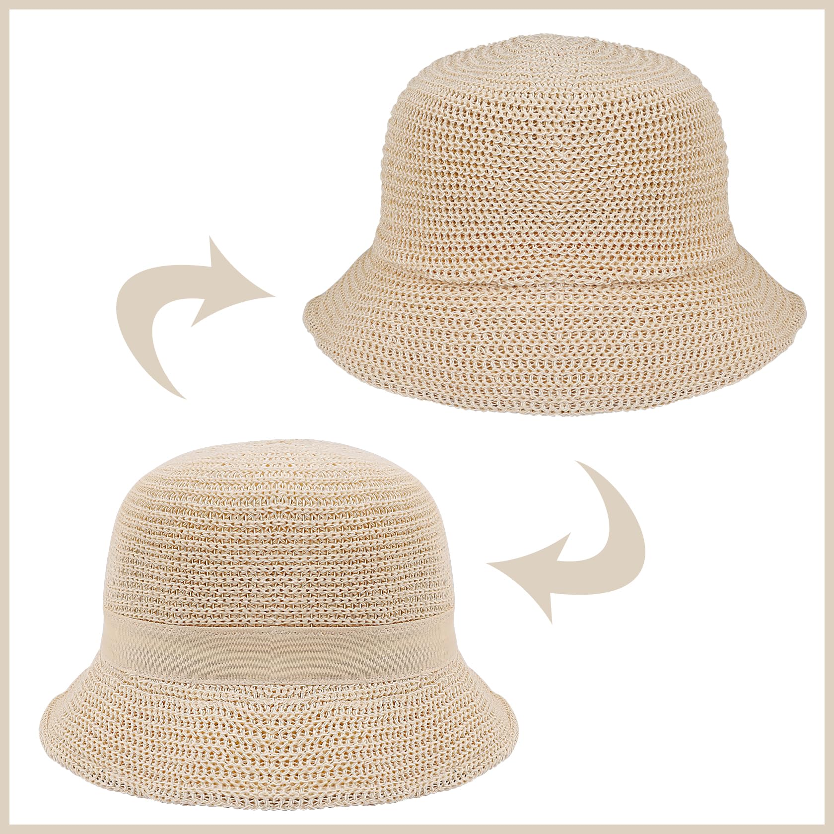 JAZTAKU Beige Bucket Hat Women Mesh Woven Bucket Hats Sun Hat Foldable Packable Wide Brim Summer Soft Beach Hat Crochet Bucket Hat for Women