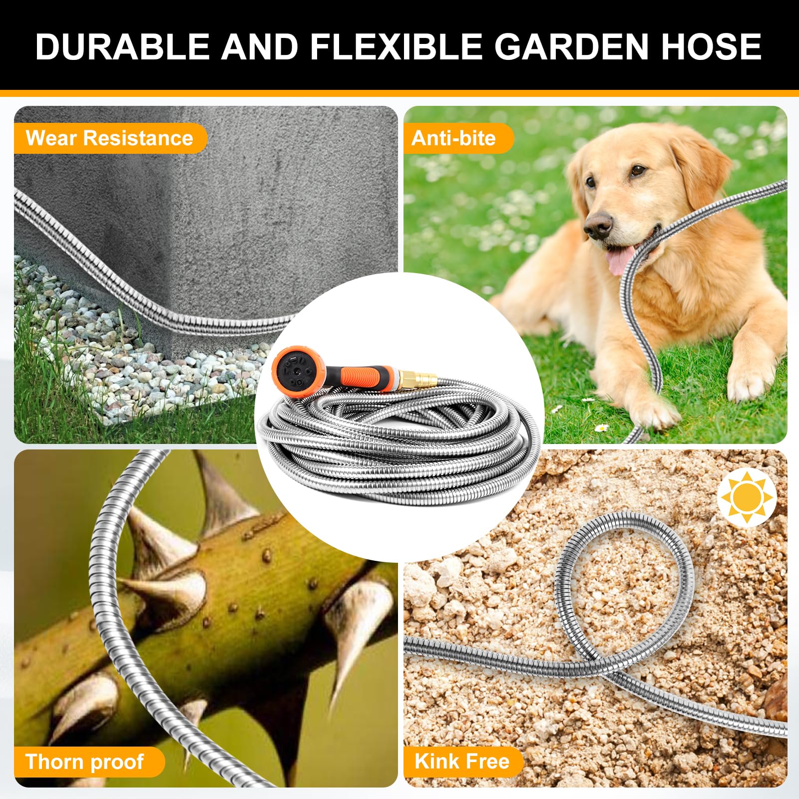 Garden Hose 100 FT Metal Flexible, Stainless Steel Water Hose 100ft with Nozzle, Solid Metal Fitting, Heavy Duty, No-Kink & Lightweight Metal Hose for Outdoor, Yard, Lawn, RV, Patio & Car