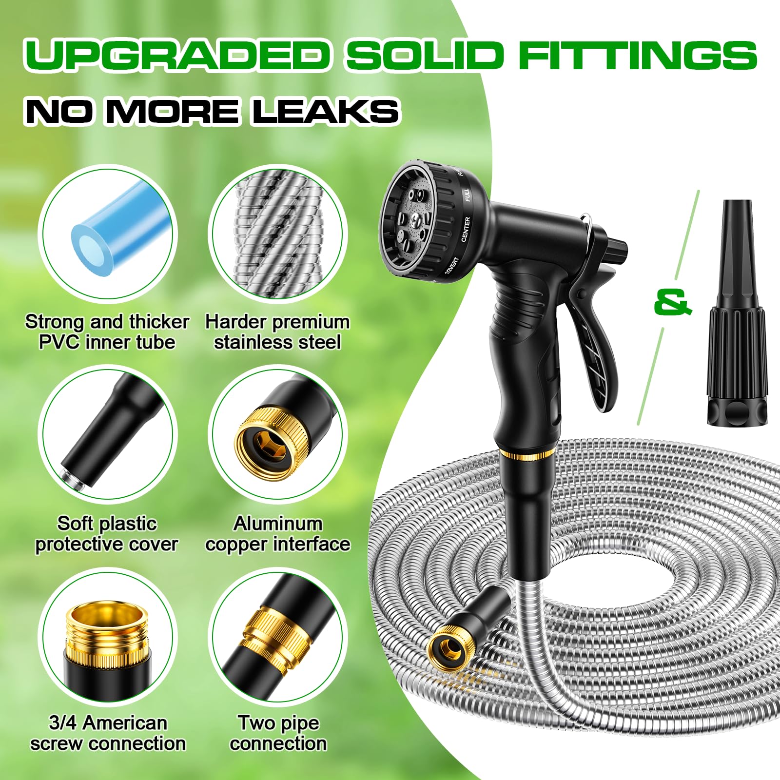 Garden Hose JTTHKK Water Hose 75 ft - 304 Stainless Steel Metal Hose with 10 Function Nozzles, No-Kink, Rust Proof, Easy to Store, Heavy Duty Garden Hose for Yard, Lightweight Outdoor Hose