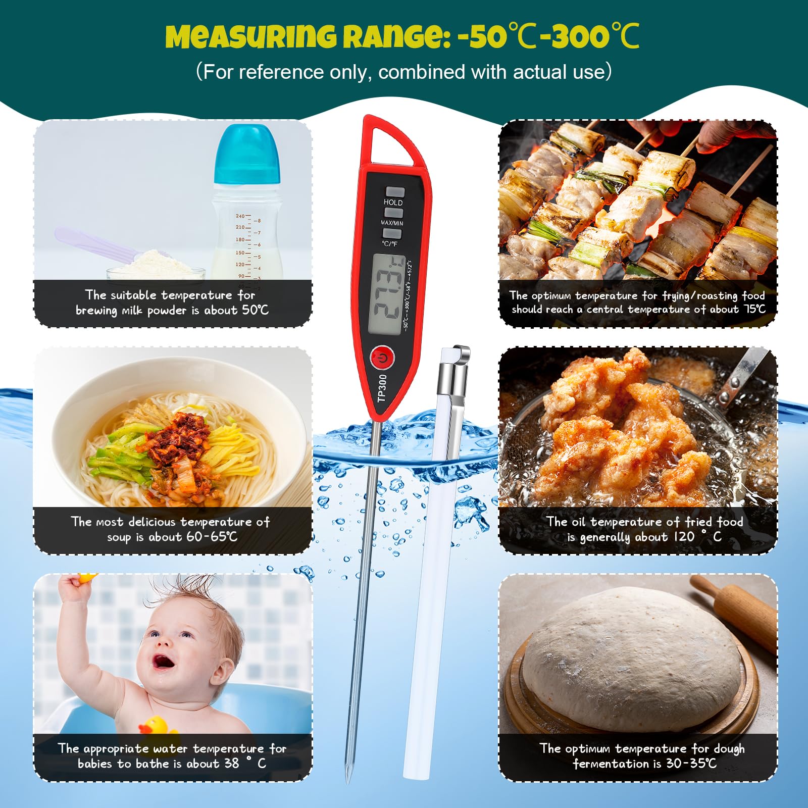 Copkim Waterproof Food Thermometer with Long Probe Digital Meat Thermometer for Water, Liquid, Candle and Cooking Instant Read Thermometer for Kitchen BBQ Grill Candy (Vivid Style)