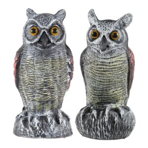 hedoc 2 pack fake owl decoys to scare birds away from gardens and rooftop, long-eared owl bird deterrents, nature scarecrow plastic owls pest repellent, owl statue for garden decor, yard decoration