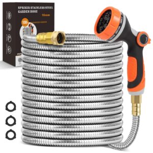 garden hose 100 ft metal flexible, stainless steel water hose 100ft with nozzle, solid metal fitting, heavy duty, no-kink & lightweight metal hose for outdoor, yard, lawn, rv, patio & car