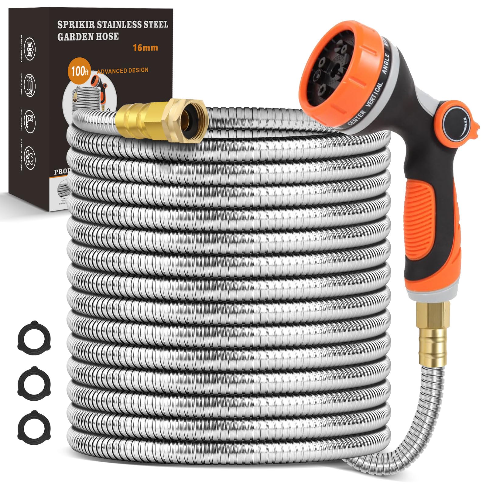 Garden Hose 100 FT Metal Flexible, Stainless Steel Water Hose 100ft with Nozzle, Solid Metal Fitting, Heavy Duty, No-Kink & Lightweight Metal Hose for Outdoor, Yard, Lawn, RV, Patio & Car