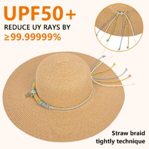 Beach Hats for Women Packable Boho Hat, Wide Brimmed Sun Hats for Womens Straw Hats for Summer UPF 50+ UV Protection Khaki