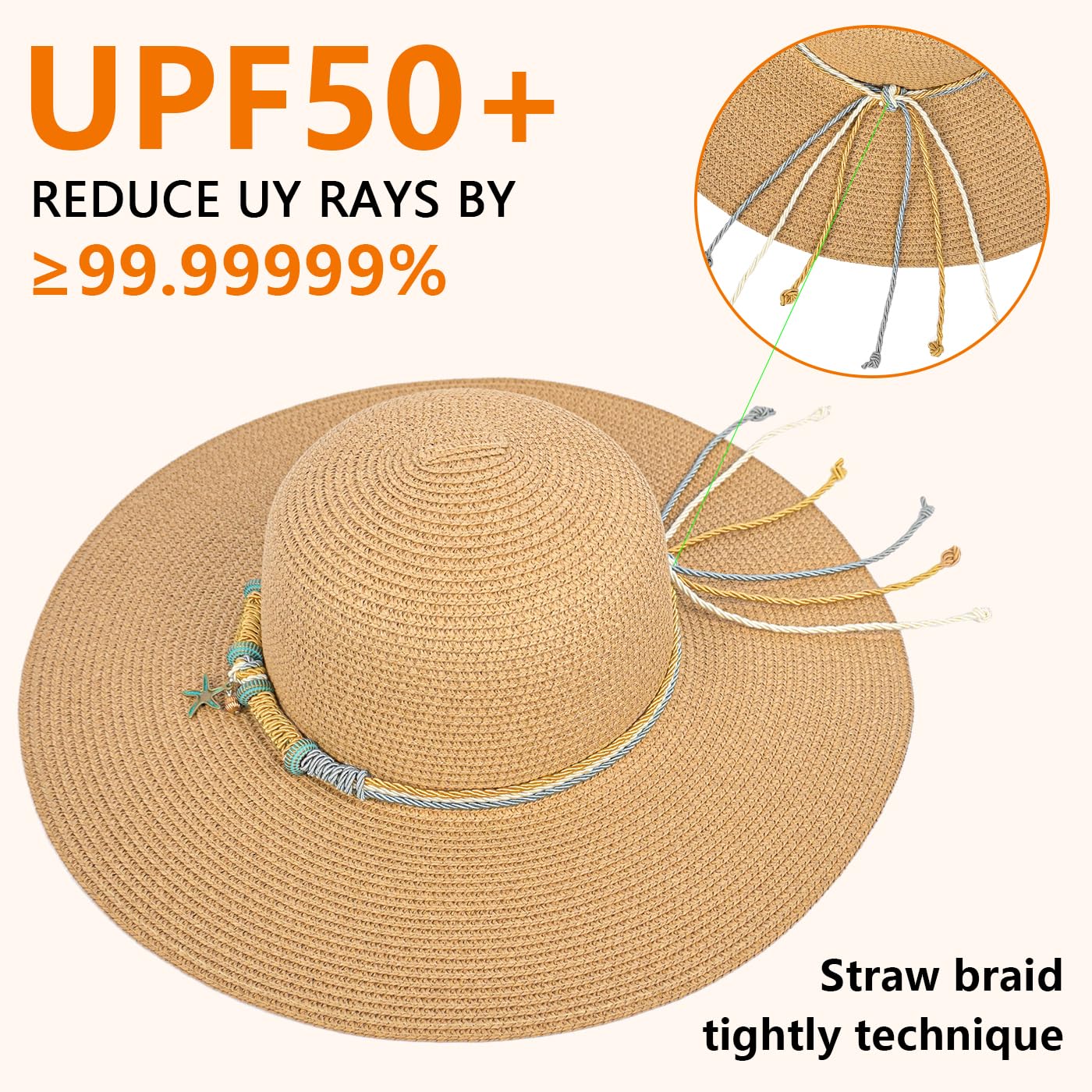 Beach Hats for Women Packable Boho Hat, Wide Brimmed Sun Hats for Womens Straw Hats for Summer UPF 50+ UV Protection Khaki