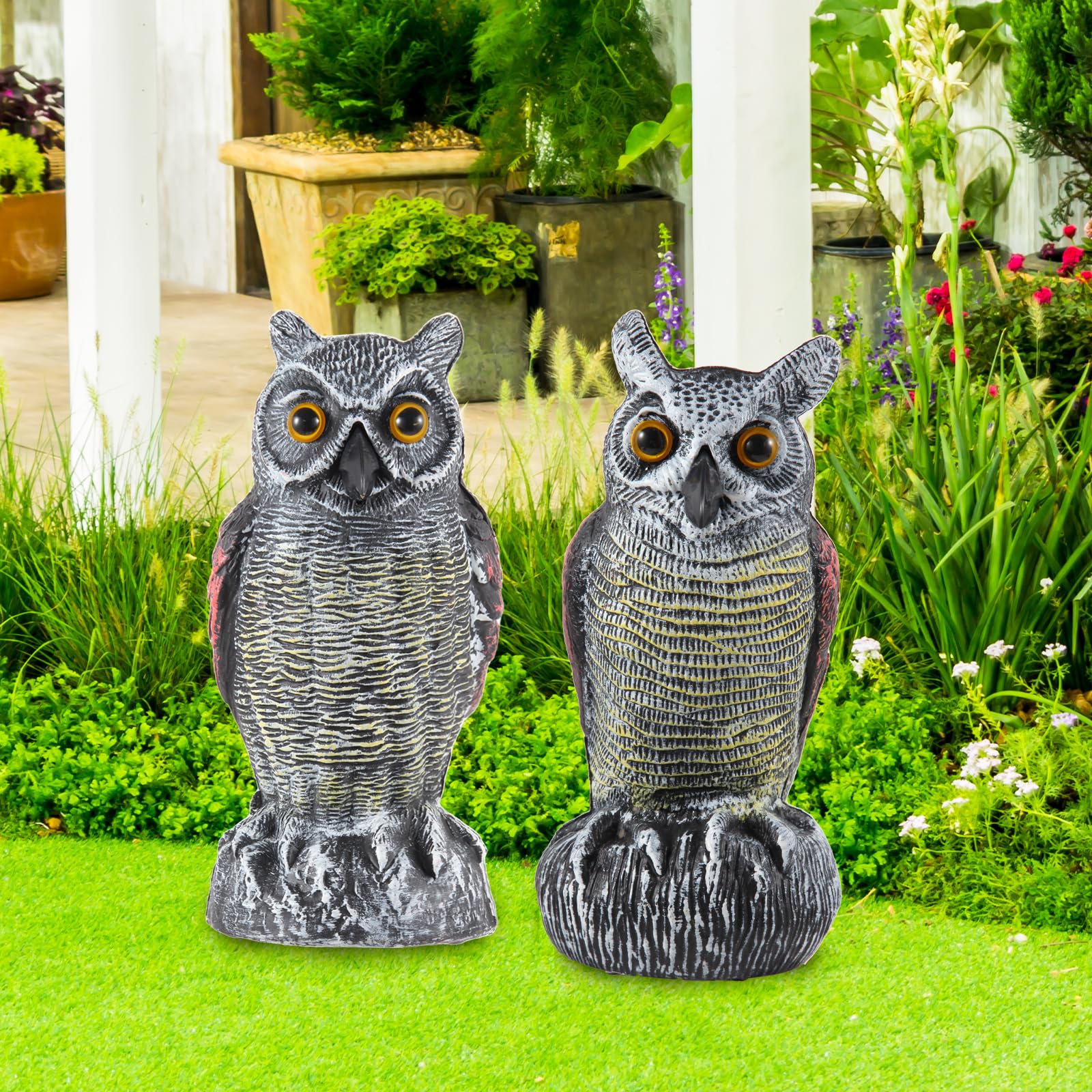 Hedoc 2 Pack Fake Owl Decoys to Scare Birds Away from Gardens and Rooftop, Long-Eared Owl Bird Deterrents, Nature Scarecrow Plastic Owls Pest Repellent, Owl Statue for Garden Decor, Yard Decoration