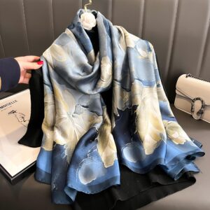 YOUR SMILE Large Mulberry Silk Feeling Long Stain Scarf Lightweight Sunscreen Shawls Wraps for Women (03 Blue/Oil Paingting Flower)