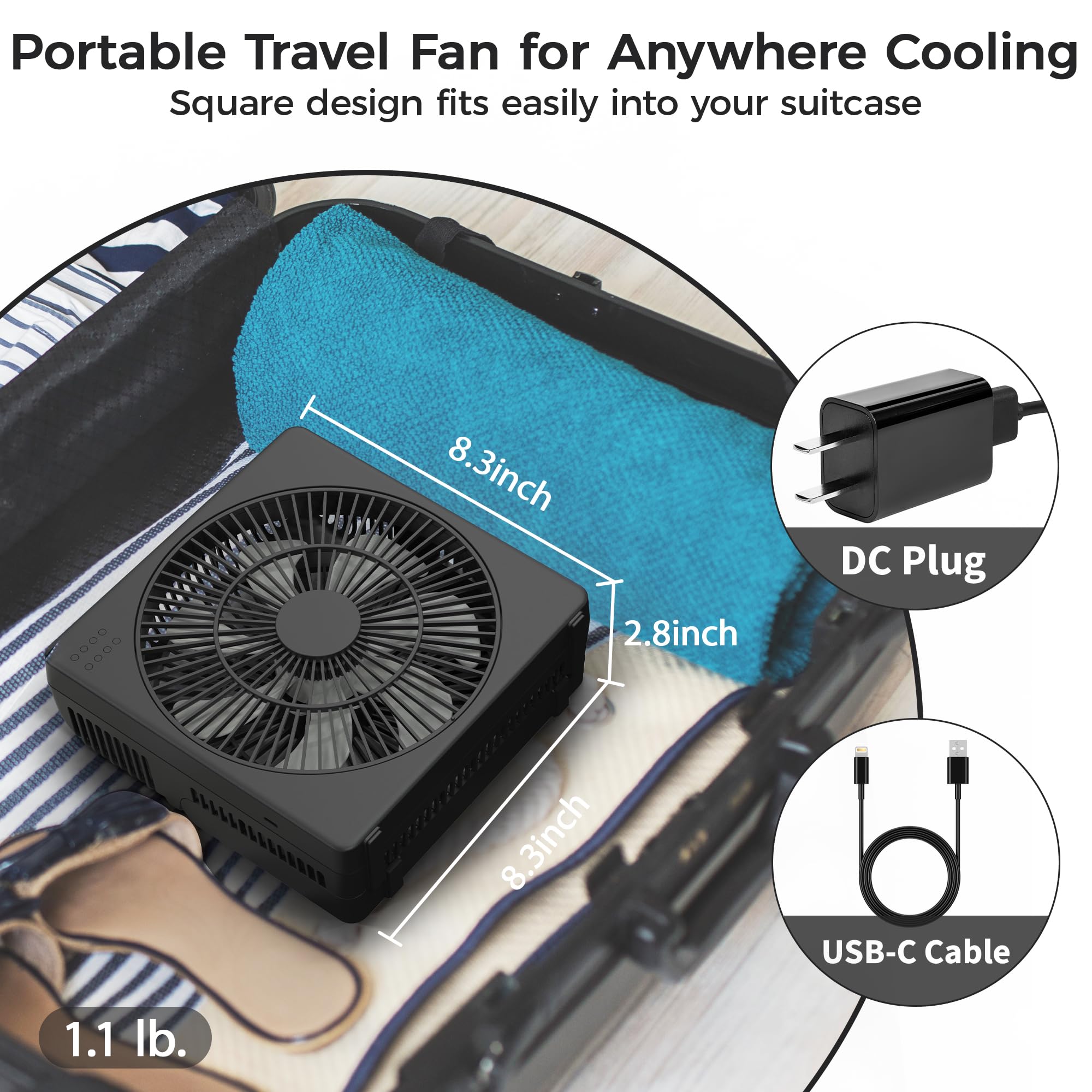 KITWLEMEN Table Fan - 8" Portable Desk Fan with 4 Cooling Speeds & 8H Timer, Box Fan Fit for Small Window, 90°Tilt Air Circulator Fan for Bedroom, Bathroom, Office and Dorm (Black)