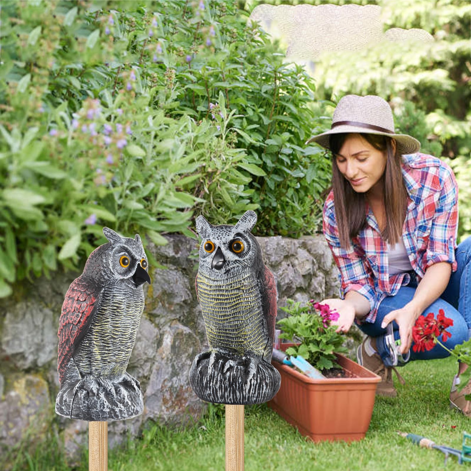 Hedoc 2 Pack Fake Owl Decoys to Scare Birds Away from Gardens and Rooftop, Long-Eared Owl Bird Deterrents, Nature Scarecrow Plastic Owls Pest Repellent, Owl Statue for Garden Decor, Yard Decoration