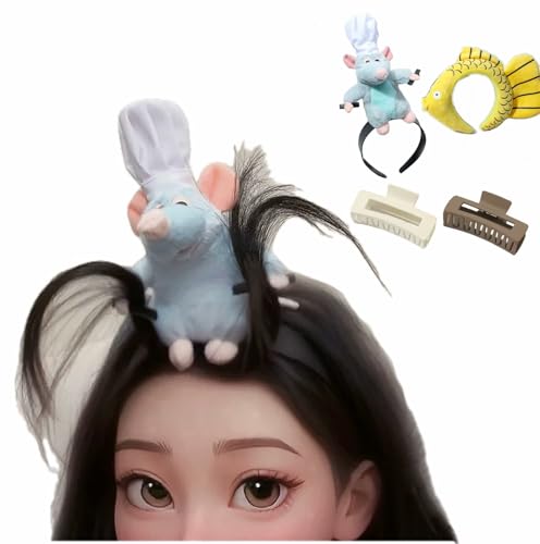 Fantasyer 2PCS Ratatouille Plush Headband Women Cute Funny, Ratatouille Hairband Clip Grabs Hair Costume Headwear Headband for Washing Face, Ratatouille+ratatouille