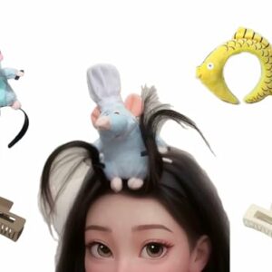 Fantasyer 2PCS Ratatouille Plush Headband Women Cute Funny, Ratatouille Hairband Clip Grabs Hair Costume Headwear Headband for Washing Face, Ratatouille+ratatouille