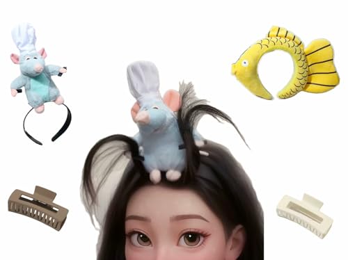 Fantasyer 2PCS Ratatouille Plush Headband Women Cute Funny, Ratatouille Hairband Clip Grabs Hair Costume Headwear Headband for Washing Face, Ratatouille+ratatouille