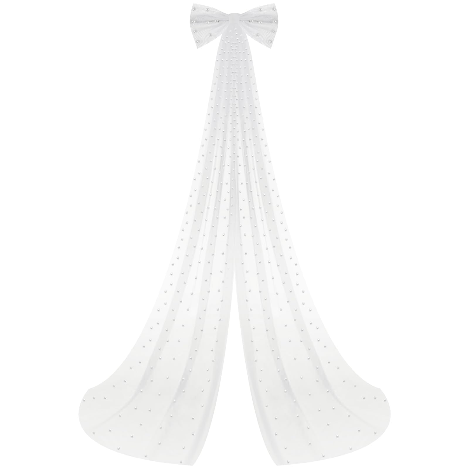 Dingion 9.84 ft 1 Tier Wedding Bow Knot Veil Long Pearl Veils White Tulle Hair Clip Bride Hair Accessories for Bridal Shower Bachelorette Party Decorations